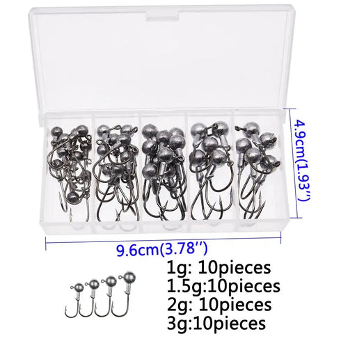 Fishing Hook Variety Box 1g 1.5g 2g 3g 3.5g fishing hook jig round head hook with mix colors , fishing tackle hook for soft grub worm baits